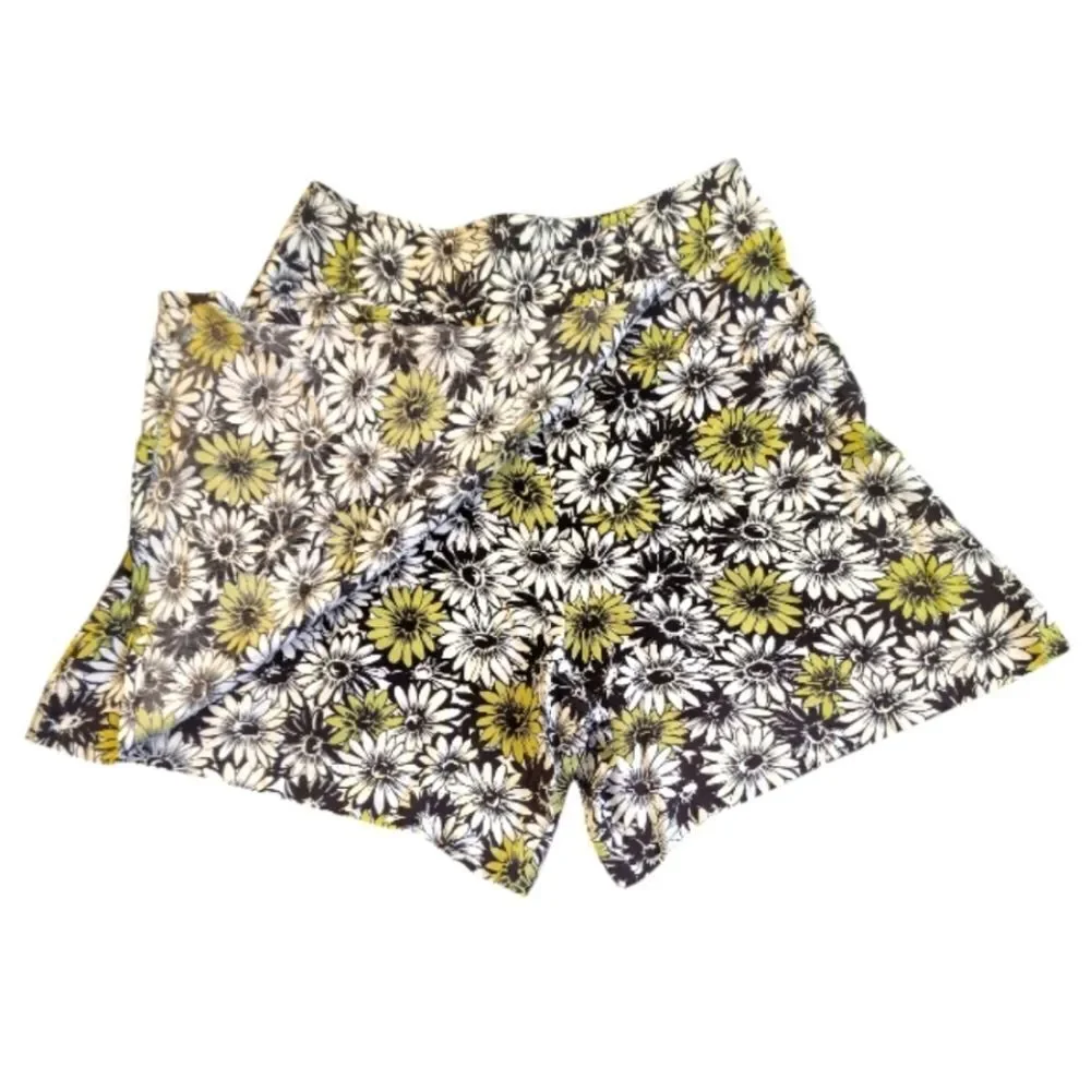 VTG 80s Floral Wrap Skort High Waist‎ Yellow Black White Rayon SZ 14 *Medium
